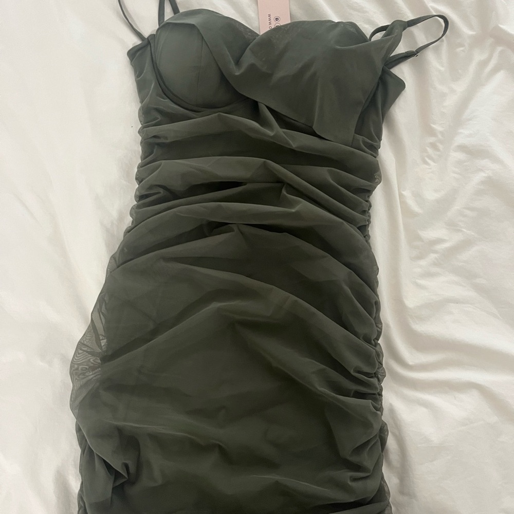 Oh Polly Green Sweetheart Ruched Mini Dress